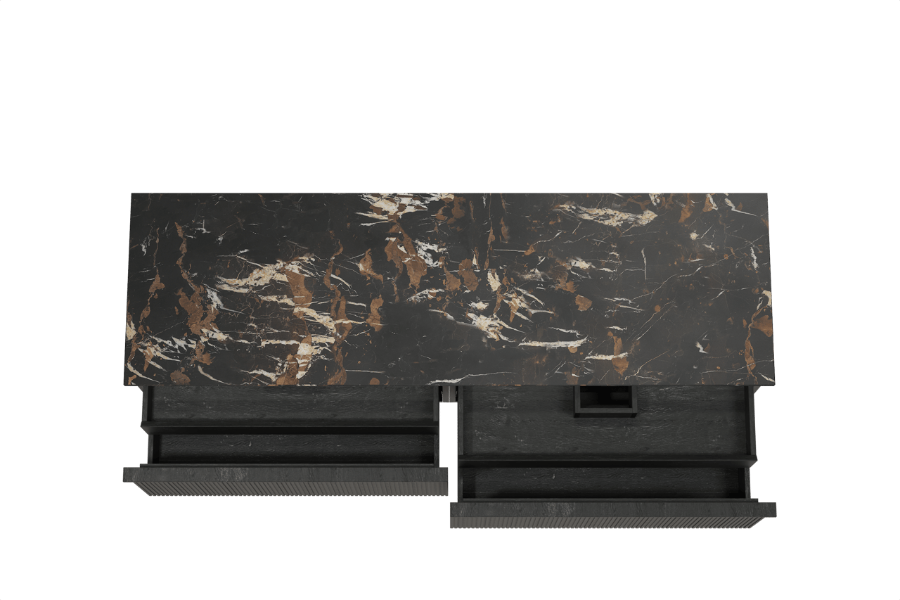 Balmani Forma hängendes Möbelstück Set: 180 x 55 cm, Schwarze Eiche, mit Stretto Einzel- oder Doppel Waschtischplatte, Marmor, Portoro Gold, Vertikale symmetrische gerade Rippe