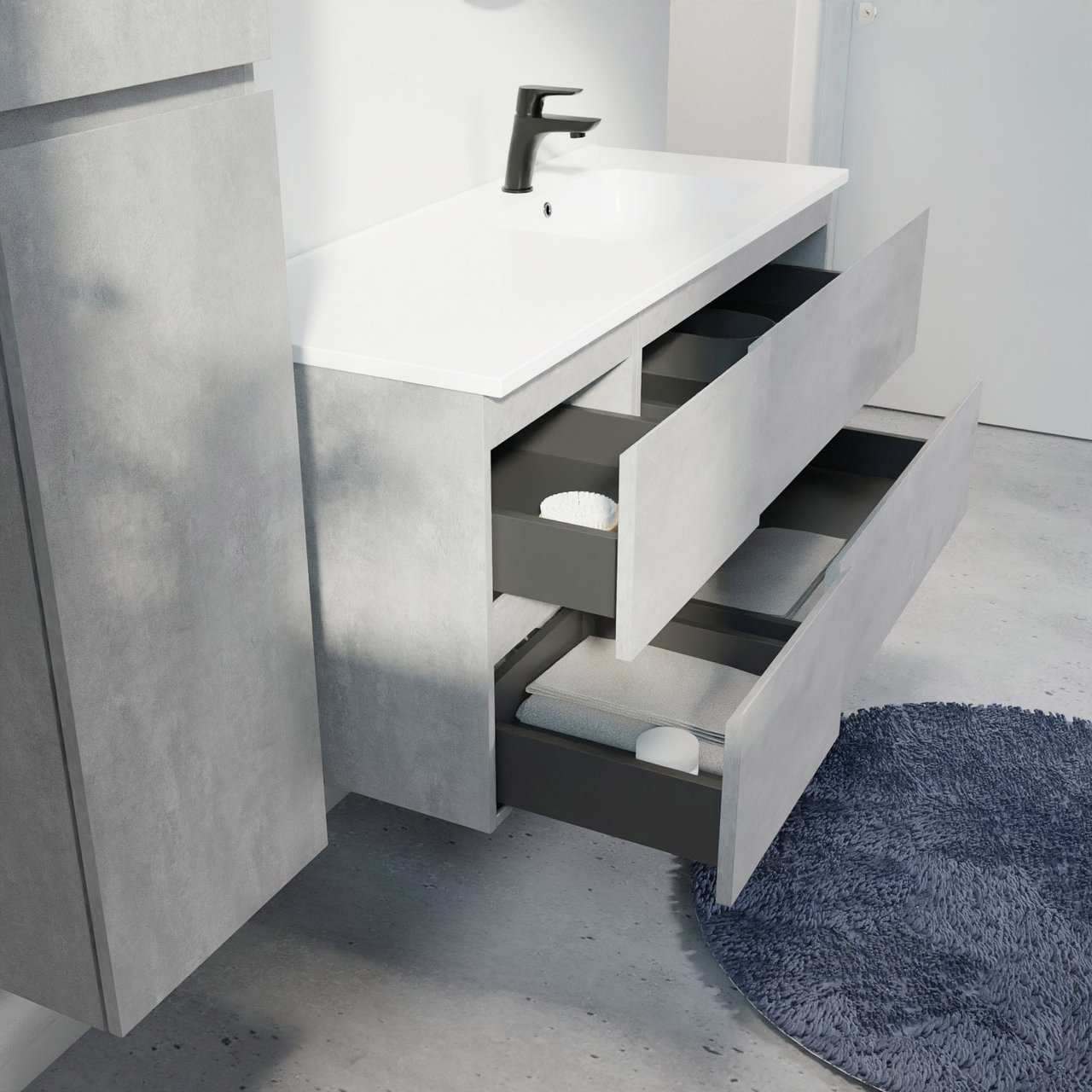 Linie Lado zwevend badmeubel 120 x 46 cm beton donkergrijs met Vano asymmetrisch rechtse wastafel in composietmarmer mat wit