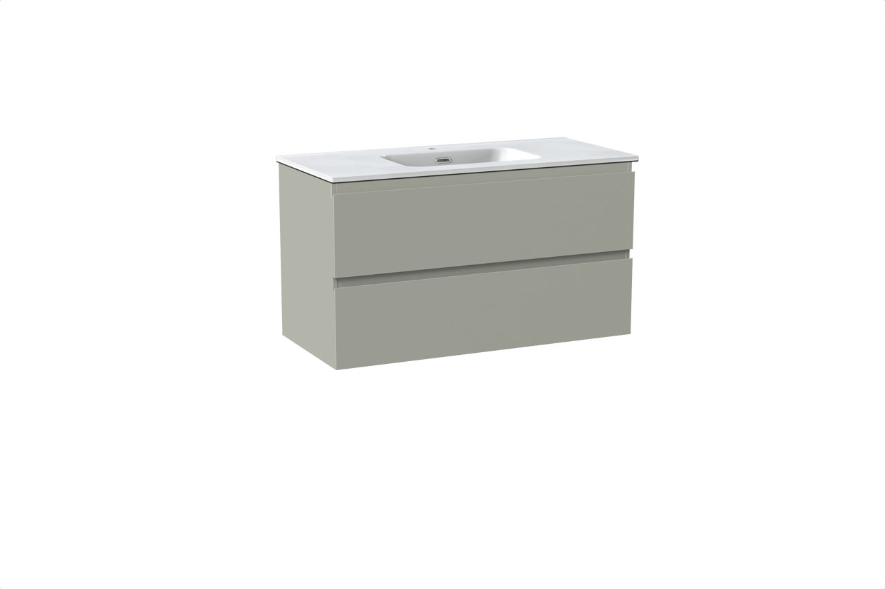 Linie Lado zwevend badkamermeubel 100 x 46 cm greige met Baro enkele wastafel in porselein glanzend wit