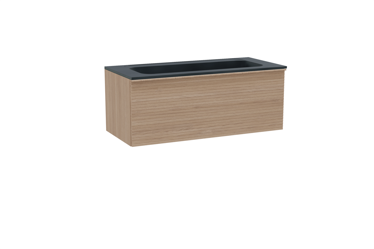 Balmani Forma meuble salle de bains suspendu 120 x 55 cm chêne naturel avec Tablo Strada plan simple pour 2 trous de robinet en marbre composite noir mat, Nervure droite symétrique horizontale