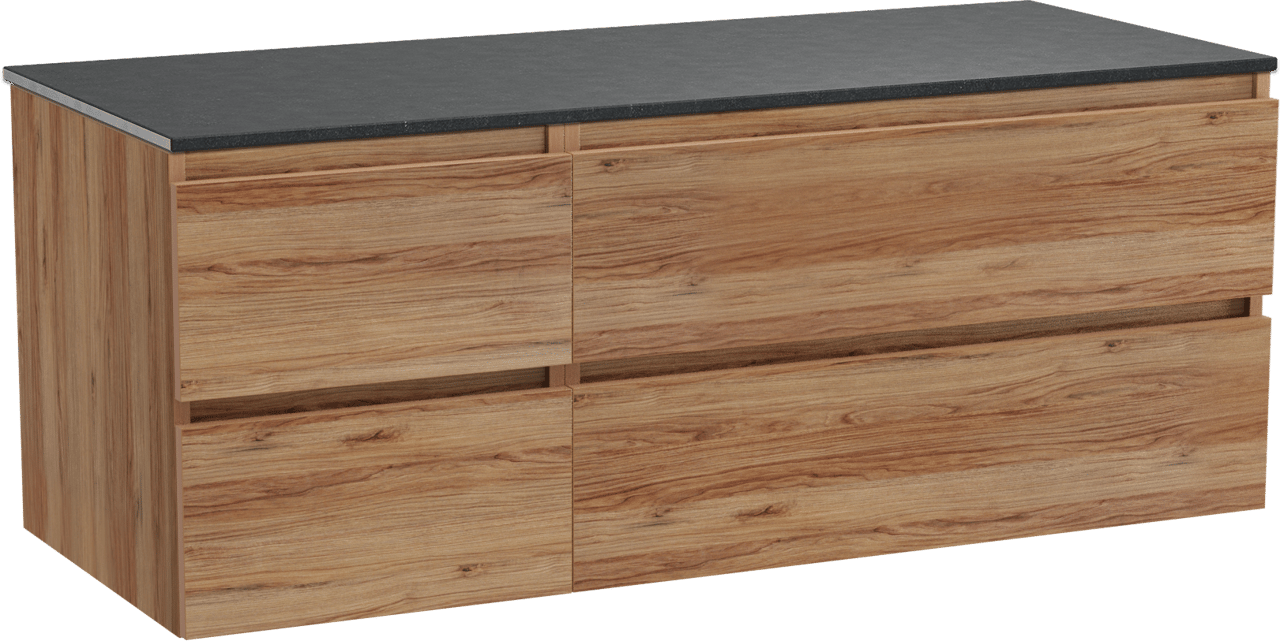 Balmani Lucida hängendes Möbelstück Set: 135 x 55 cm, Teak, mit Stretto Einzel- oder Doppel Waschtischplatte, Schwarzes Granit