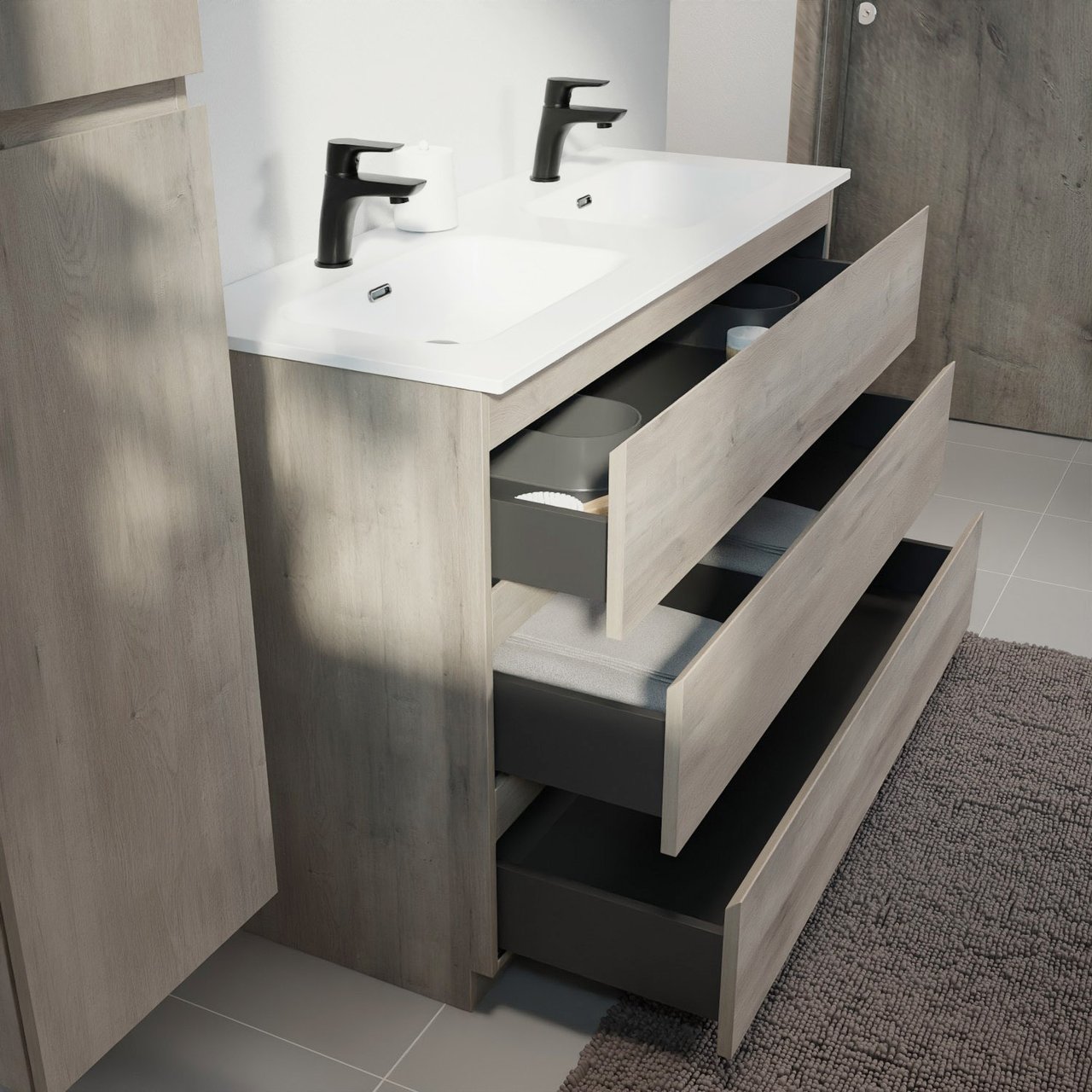Linie Lado staand badmeubel 120 x 46 cm grijs eiken met Baro dubbele wastafel in porselein hoogglans wit