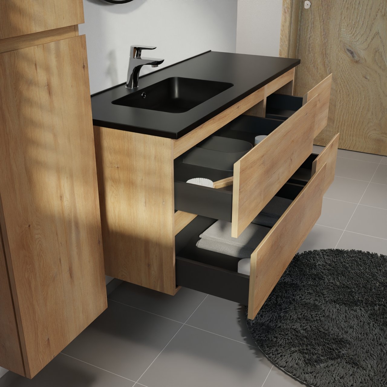 Linie Lado hängendes Möbelstück Set: 120 x 46 cm, Naturbelassene Eiche, mit Vano Waschtisch links, Marmorkomposit Schwarz matt