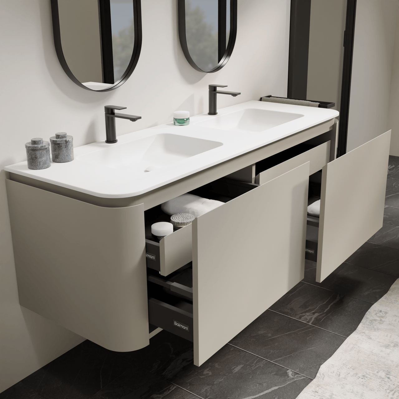 Balmani Moon meuble salle de bains suspendu 160 x 55 cm soie grise avec Moon double vasque en solid surface blanc mat