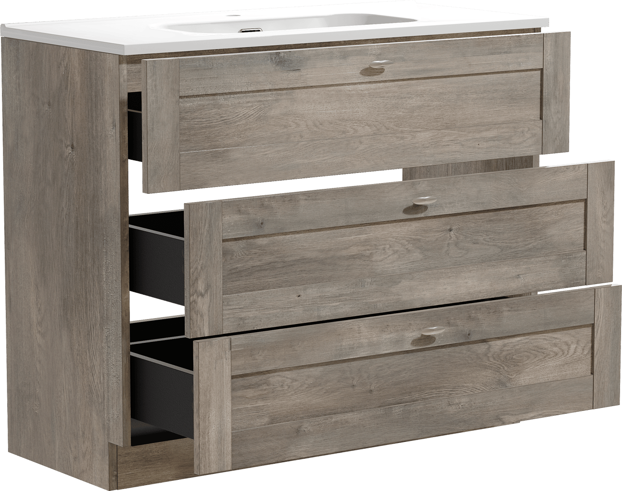 Linie Classo freistehendes Möbelstück Set: 100 x 46 cm, Graue Eiche, mit Baro Einzelwaschtisch, Porzellan Weiß glänzend