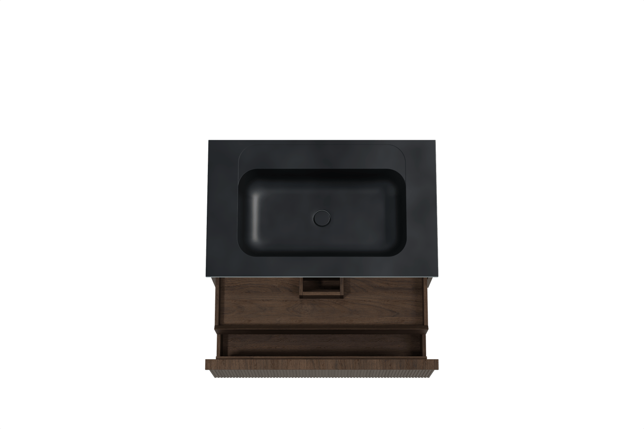 Balmani Forma meuble salle de bains suspendu 90 x 55 cm chêne fumé avec Tablo Strada plan simple en marbre composite noir mat, Nervure droite symétrique verticale