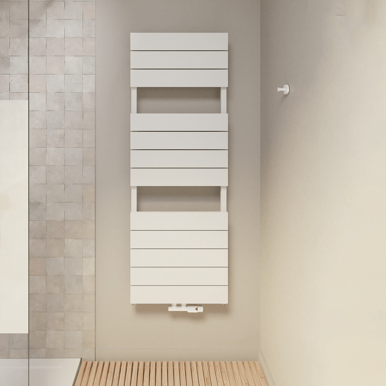 Vipera Teide enkele handdoekradiator 50 x 142 cm zowel elektrisch als cv mogelijk mat wit zij- en middenaansluiting 821W