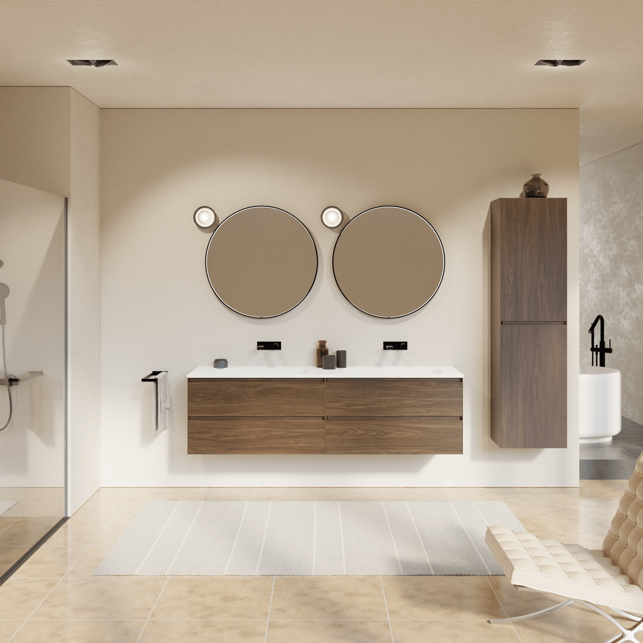 Balmani Mitra meuble salle de bains suspendu 180 x 55 cm noyer américain avec Tablo Strada double vasque en marbre composite blanc mat