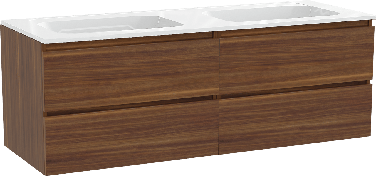 Balmani Lucida meuble salle de bains suspendu 150 x 55 cm noyer américain avec Tablo Strada double vasque en marbre composite blanc brillant