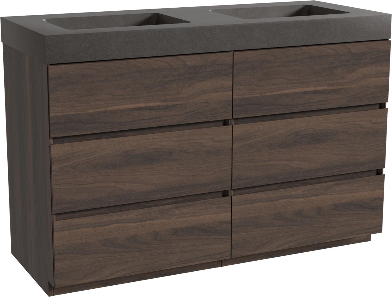 Storke Edge staand badmeubel 130 x 52 cm notenhout met Scuro High dubbele wastafel in kwarts mat zwart