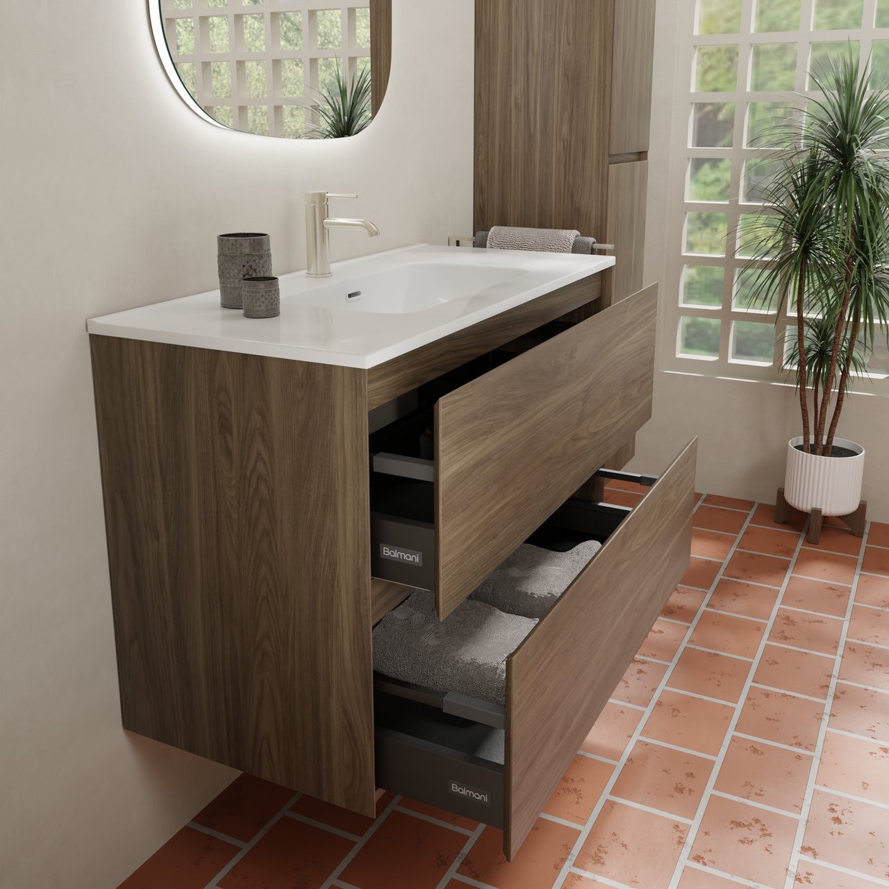 Balmani Mitra Compact zwevend badkamermeubel 100 x 46 cm Amerikaanse notelaar met Nostra enkele wastafel in porselein glanzend wit