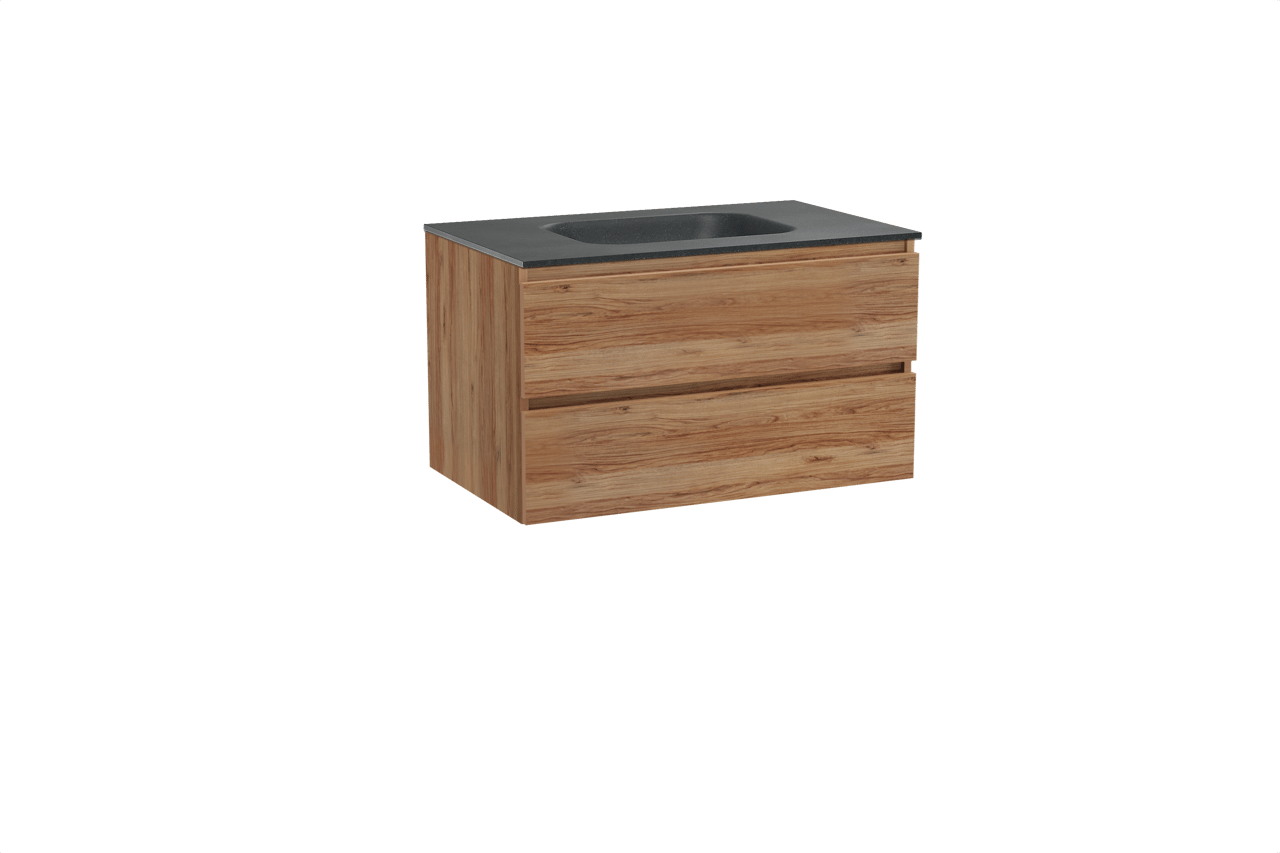 Balmani Lucida hängendes Möbelstück Set: 90 x 55 cm, Teak, mit Tablo Arcato Einzelwaschtisch, Schwarzes Granit