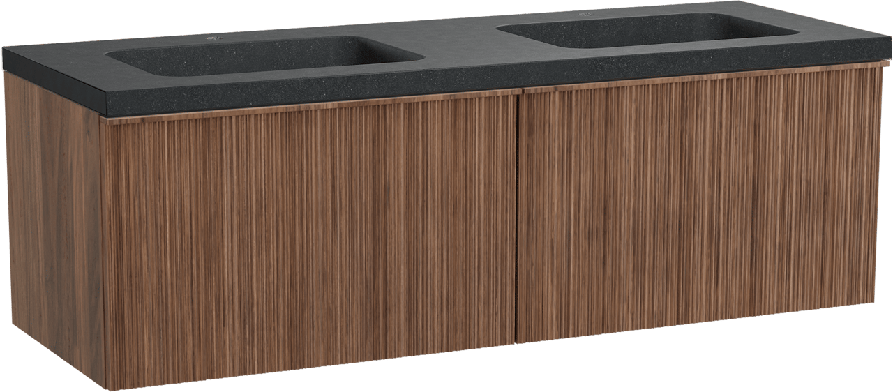 Balmani Forma zwevend badmeubel 150 x 55 cm amerikaans notenhout met Napoli dubbele wastafel in zwart graniet, Verticale asymmetrische ronde ribbel