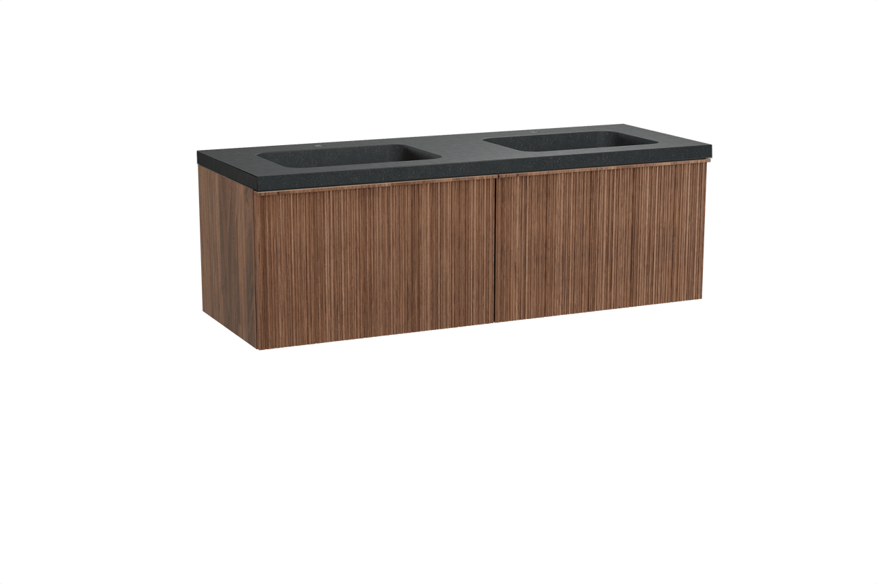 Balmani Forma hängendes Möbelstück Set: 150 x 55 cm, Amerikanischer Nussbaum, mit Napoli Doppelwaschtisch, Granit, Schwarzes Granit, Vertikale asymmetrische Runde Rippe