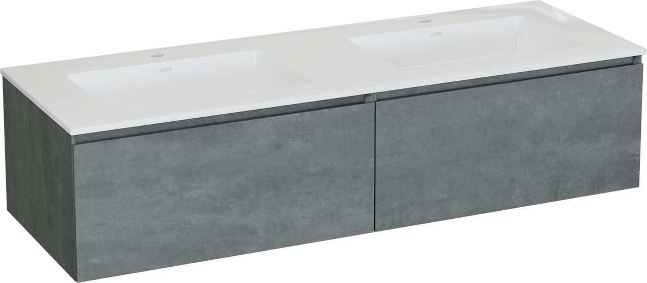 Storke Edge meuble salle de bains suspendu 150 x 52 cm béton gris foncé avec Bilia double vasque en marbre composite blanc brillant