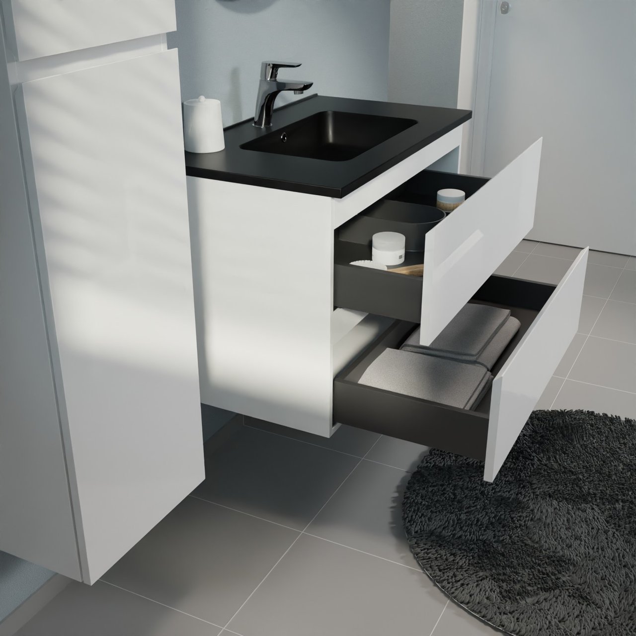 Linie Lado zwevend badkamermeubel 80 x 46 cm glanzend wit met Vano enkele wastafel in composietmarmer mat zwart