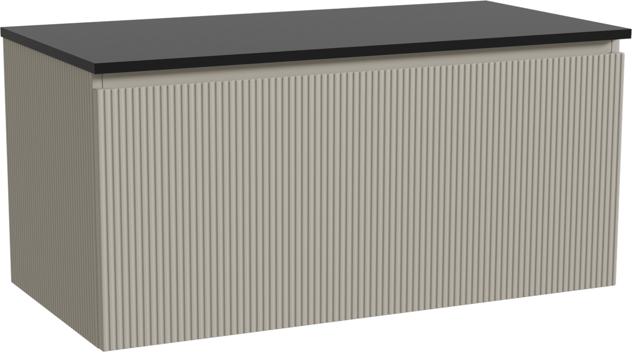 Storke Ribs zwevend badmeubel 105 x 52 cm zijdegrijs met Panton enkel wastafelblad in gepoedercoate mdf mat zwart, Verticale symmetrische rechte ribbel