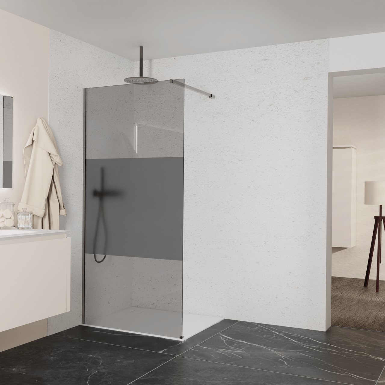 Balmani Modular douche à l'italienne: 100 x 200 cm, Verre fumé avec bande matte, Profil Brushed GunMetal