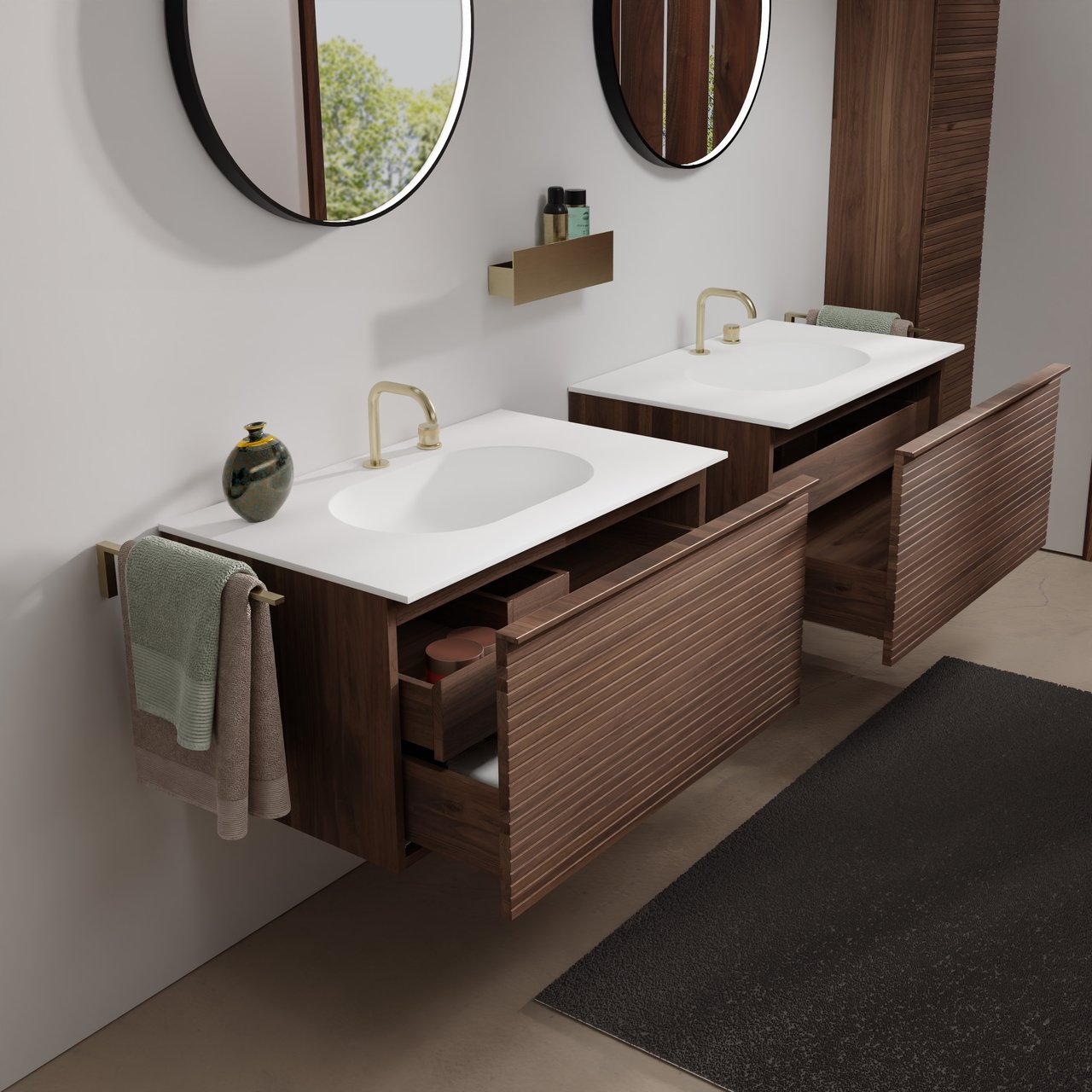 Balmani Forma hängendes Möbelstück Set: 90 x 55 cm, Amerikanischer Nussbaum, mit Tablo Oval Einzelwaschtisch, Solid Surface, Weiß matt, Horizontale symmetrische gerade Rippe