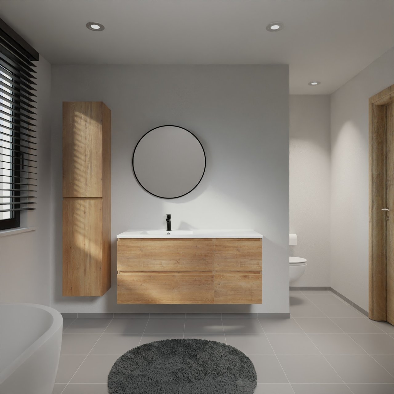 Linie Lado zwevend badkamermeubel 120 x 46 cm natuur eik met Vano asymmetrisch linkse wastafel in composietmarmer glanzend wit