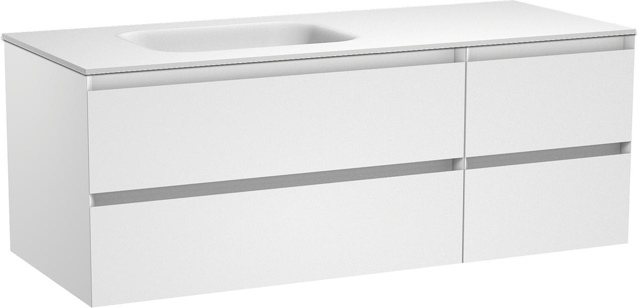 Balmani Mitra hängendes Möbelstück Set: 135 x 55 cm, Weiß matt, mit Tablo Arcato Waschtisch links, Solid Surface Weiß matt