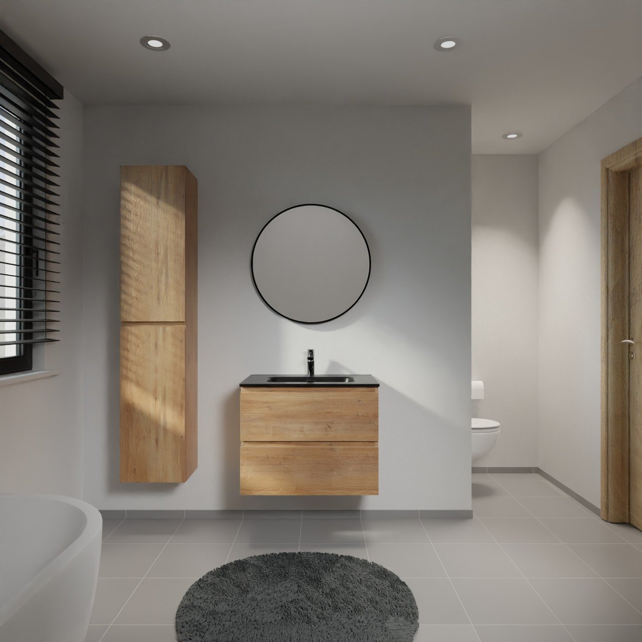 Linie Lado hängendes Möbelstück Set: 70 x 46 cm, Naturbelassene Eiche, mit Baro Einzelwaschtisch, Porzellan Schwarz matt