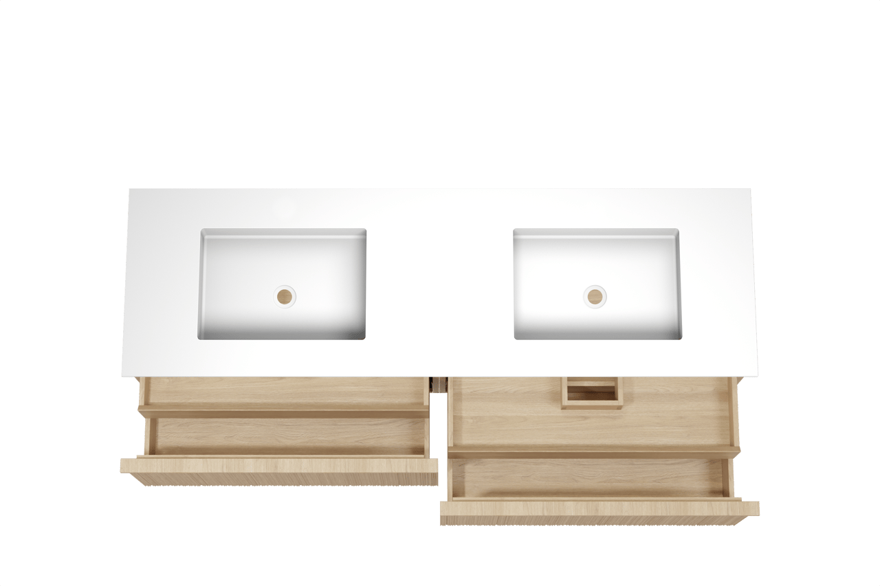 Balmani Forma zwevend badkamermeubel 180 x 55 cm natuur eik met Tablo Stretto dubbele wastafel in solid surface mat wit, Verticale asymmetrische ronde ribbel