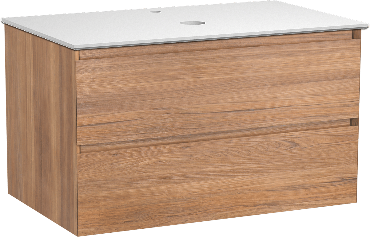 Balmani Mitra zwevend badkamermeubel 90 x 55 cm teak met Facetta enkel tablet in solid surface mat wit