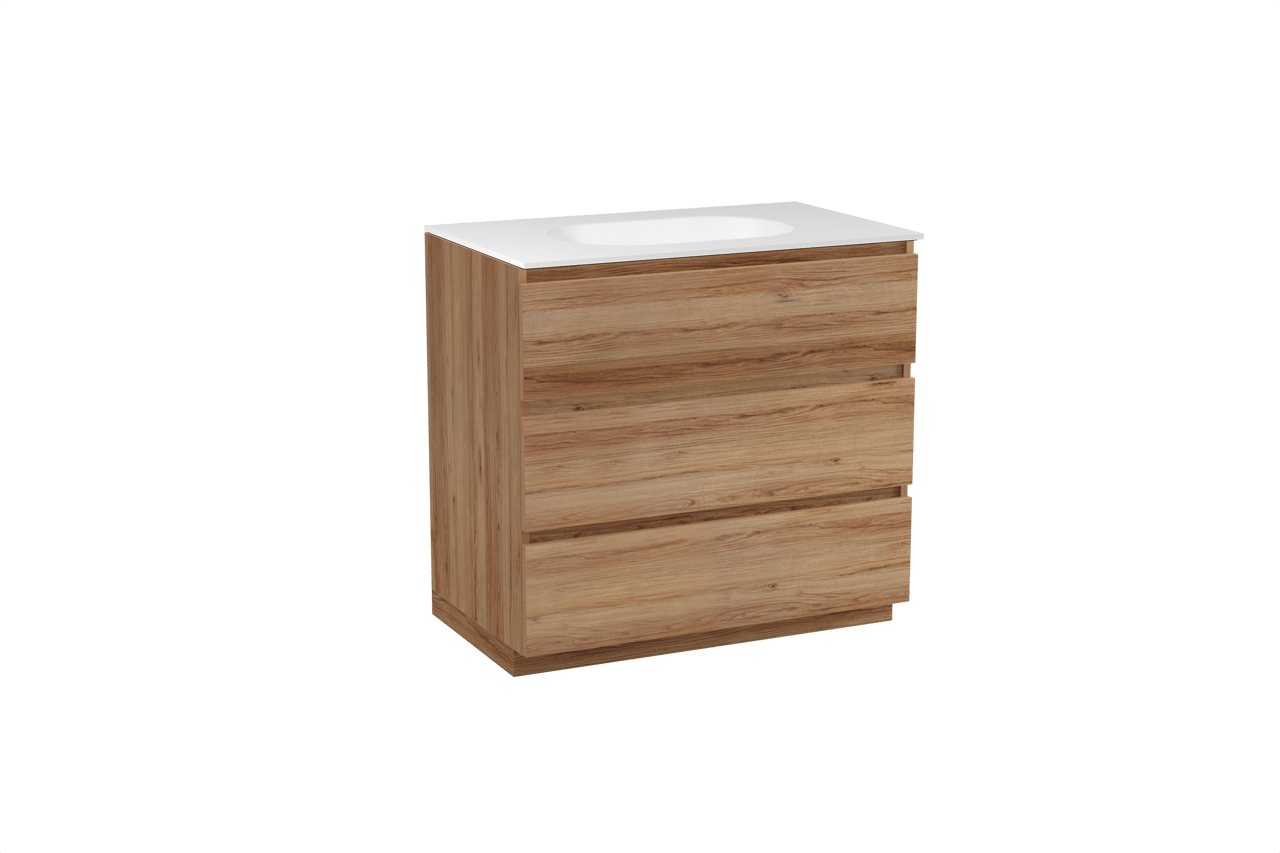 Balmani Lucida meuble salle de bains à poser 90 x 55 cm teck avec Tablo Oval plan simple en solid surface blanc mat