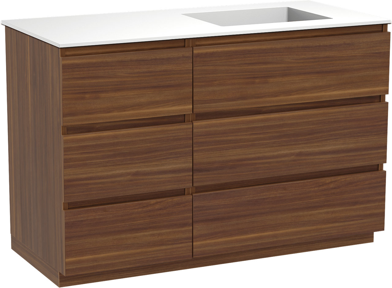 Balmani Lucida staand badkamermeubel 120 x 55 cm amerikaanse notelaar met Tablo Stretto asymmetrisch rechtse wastafel in solid surface mat wit