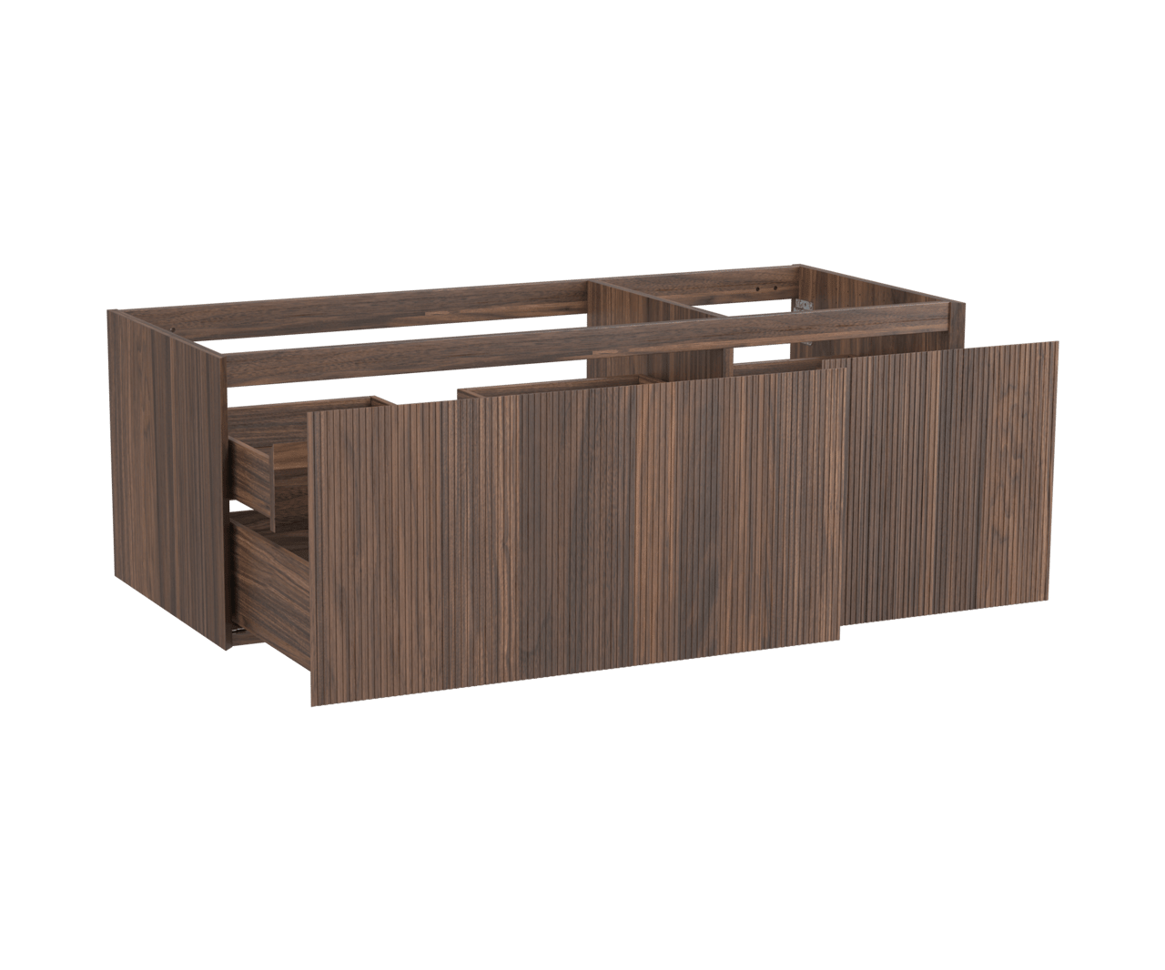 Balmani Fila hängender Waschbeckenunterschrank: 135 x 55 cm, asymmetrisch links, Nussbaum, Furnierholz, 4 Schubladen