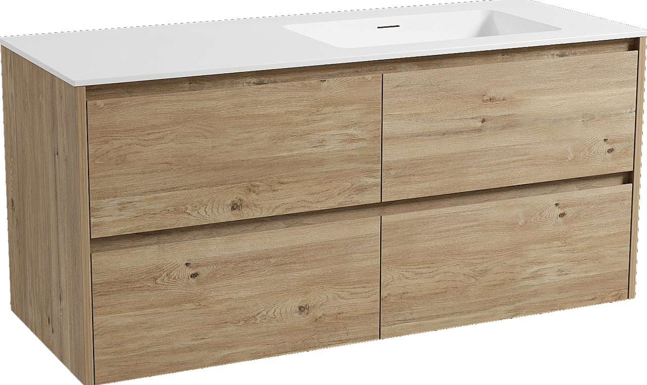 Storke Seda zwevend badmeubel 130 x 52 cm ruw eiken met Mata asymmetrisch rechtse wastafel in solid surface mat wit