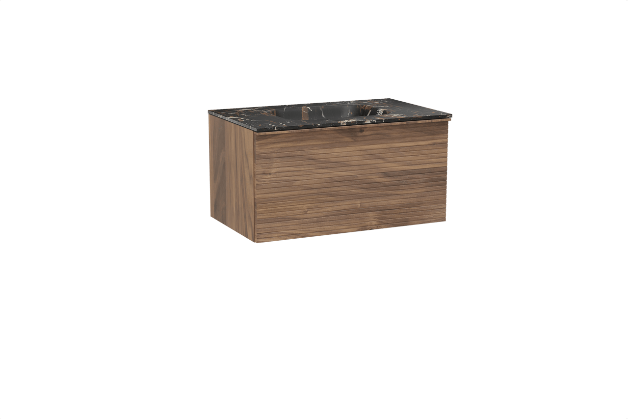 Balmani Forma hängendes Möbelstück Set: 90 x 55 cm, Amerikanischer Nussbaum, mit Tablo Arcato Einzelwaschtisch, Marmor, Portoro Gold, Horizontale symmetrische gerade Rippe