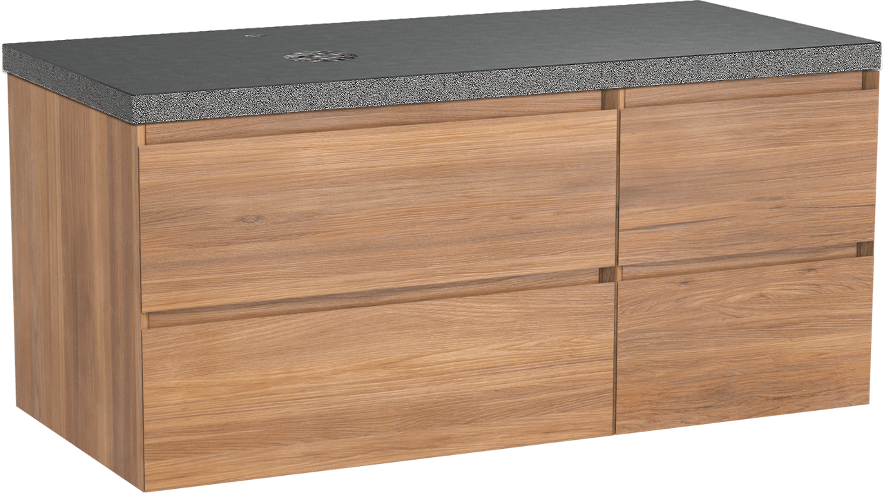 Balmani Mitra hängendes Möbelstück Set: 120 x 55 cm, Teak, mit Rock Waschtisch links, Schwarzes Granit