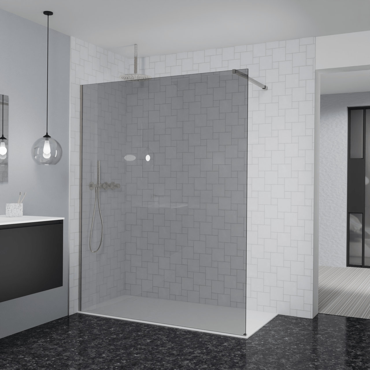 Balmani Modular inloopdouche: 160 x 200 cm, Rookglas met coating, Brushed CoolMetal profielen