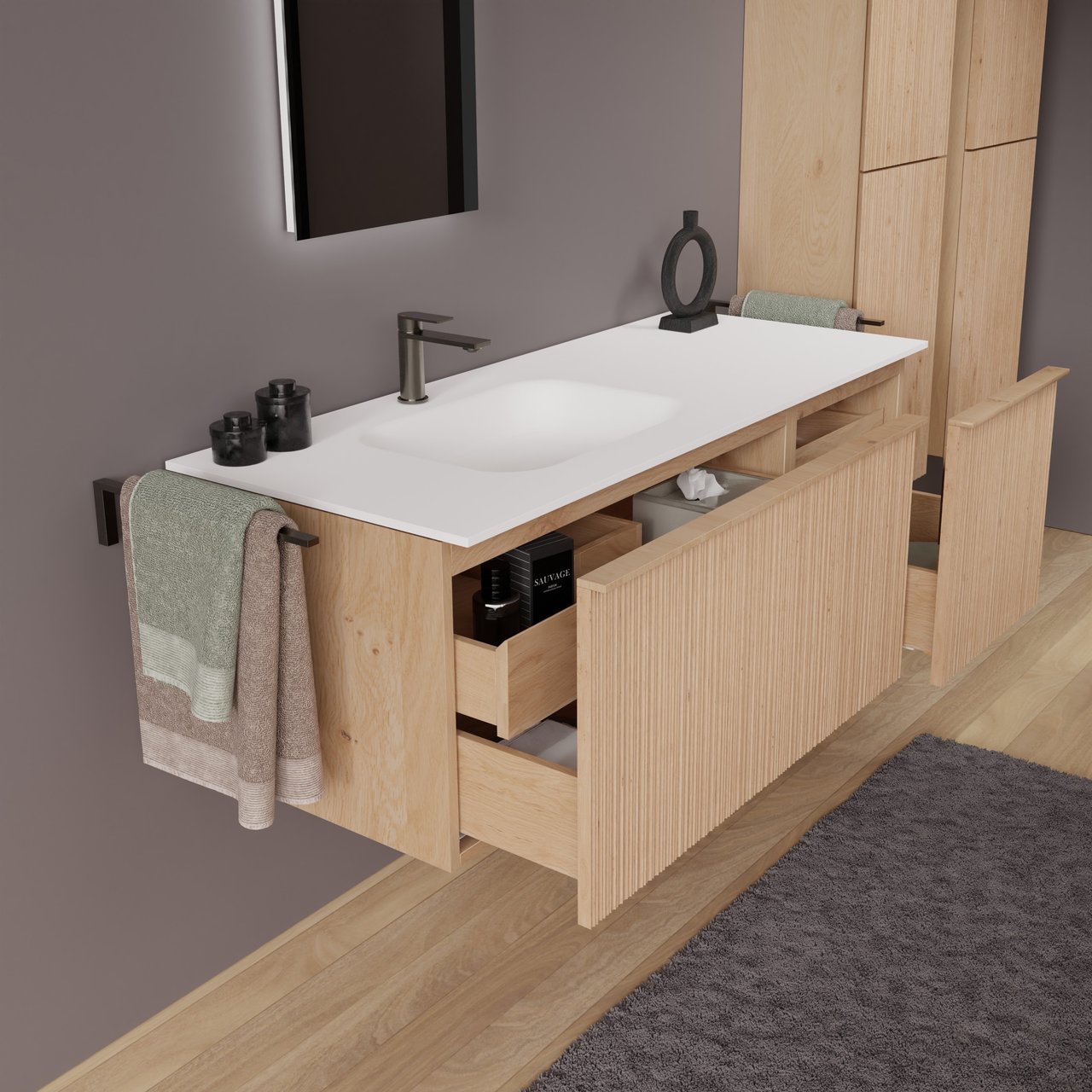 Balmani Forma hängendes Möbelstück Set: 135 x 55 cm, Naturbelassene Eiche, mit Tablo Arcato Waschtisch links, Solid Surface, Weiß matt, Vertikale asymmetrische Runde Rippe