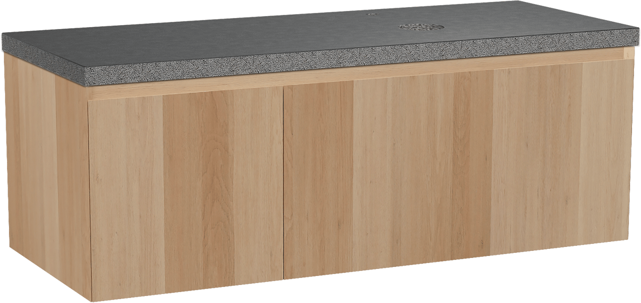 Balmani Idra zwevend badkamermeubel 135 x 55 cm natuur eik met Rock asymmetrisch rechtse wastafel in graniet zwart