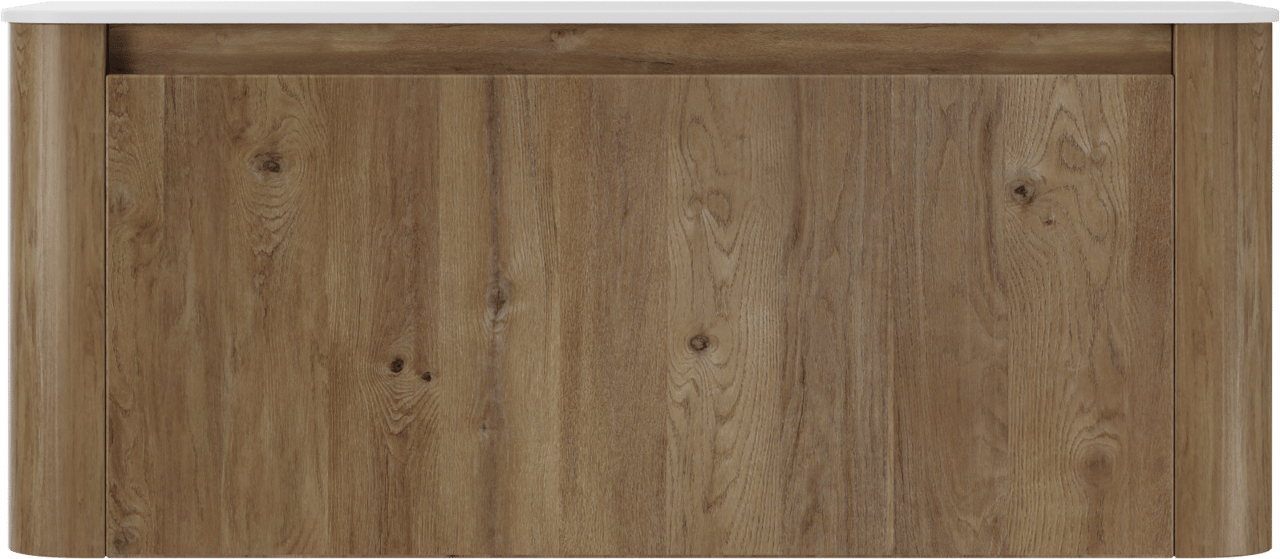 Storke Soft zwevend badkamermeubel 120 x 46 cm ruwe eik met Tavola Soft enkele of dubbele tablet in solid surface mat wit