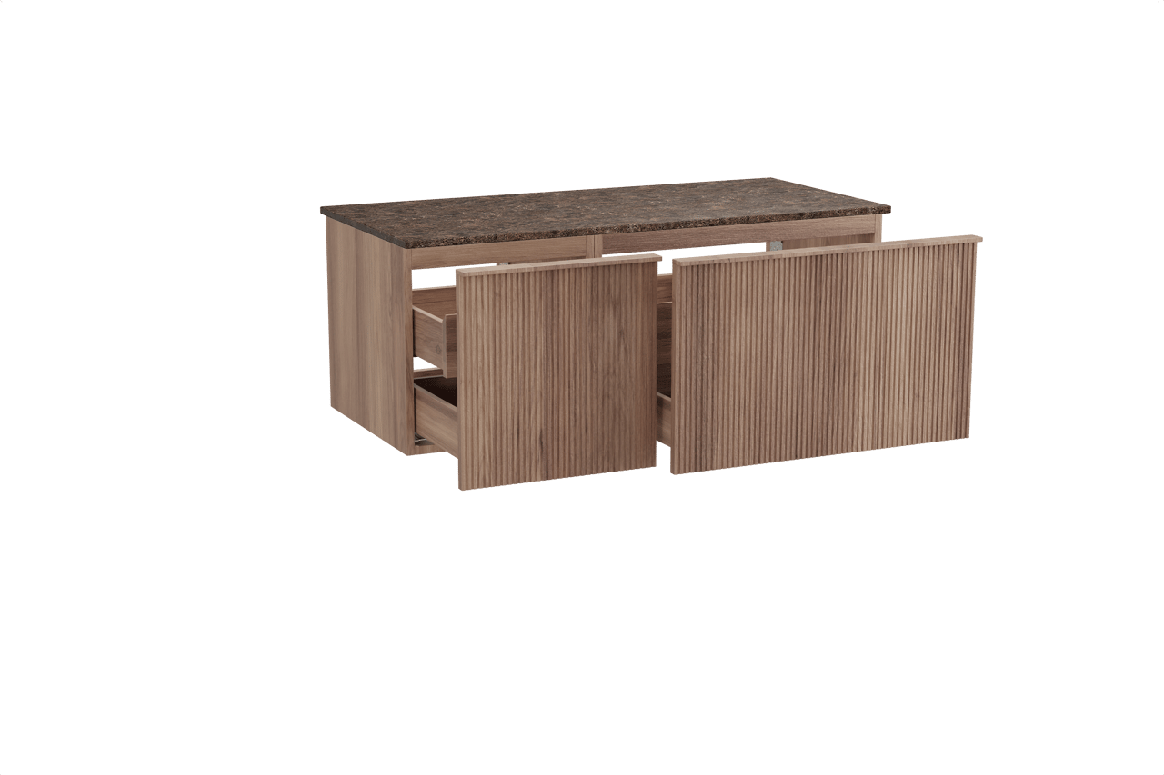 Balmani Forma zwevend badmeubel 120 x 55 cm teakhout met Stretto enkel of dubbel wastafelblad in marmer dark emperador, Verticale symmetrische rechte ribbel