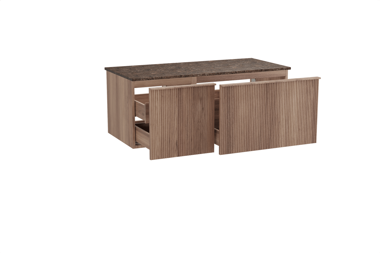 Balmani Forma hängendes Möbelstück Set: 120 x 55 cm, Teak, mit Stretto Einzel- oder Doppel Waschtischplatte, Marmor, Dark Emperador, Vertikale symmetrische gerade Rippe