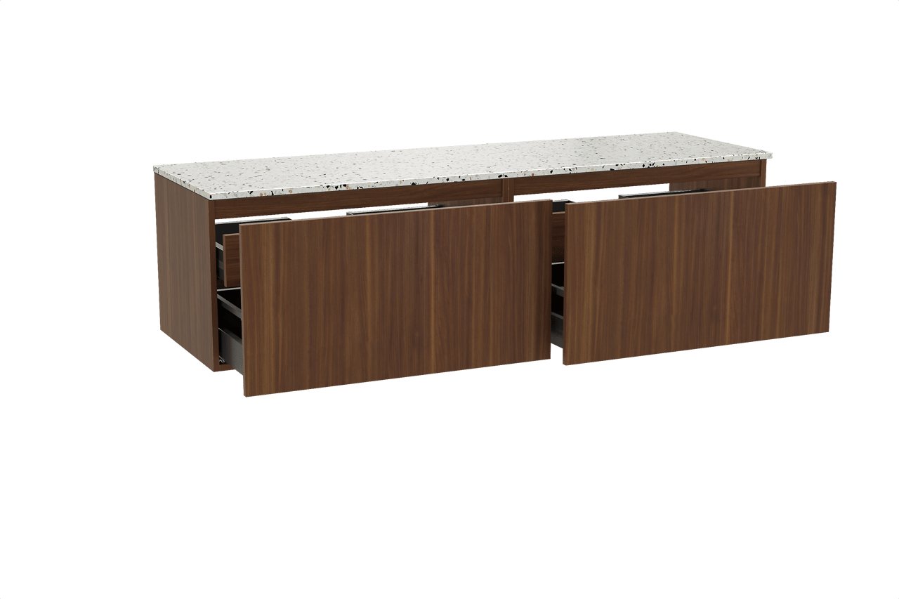 Balmani Sfera hängendes Möbelstück Set: 180 x 55 cm, Amerikanischer Nussbaum, mit Stretto Einzel- oder Doppel Waschtischplatte, Terrazzo in Weiß/Schwarz matt