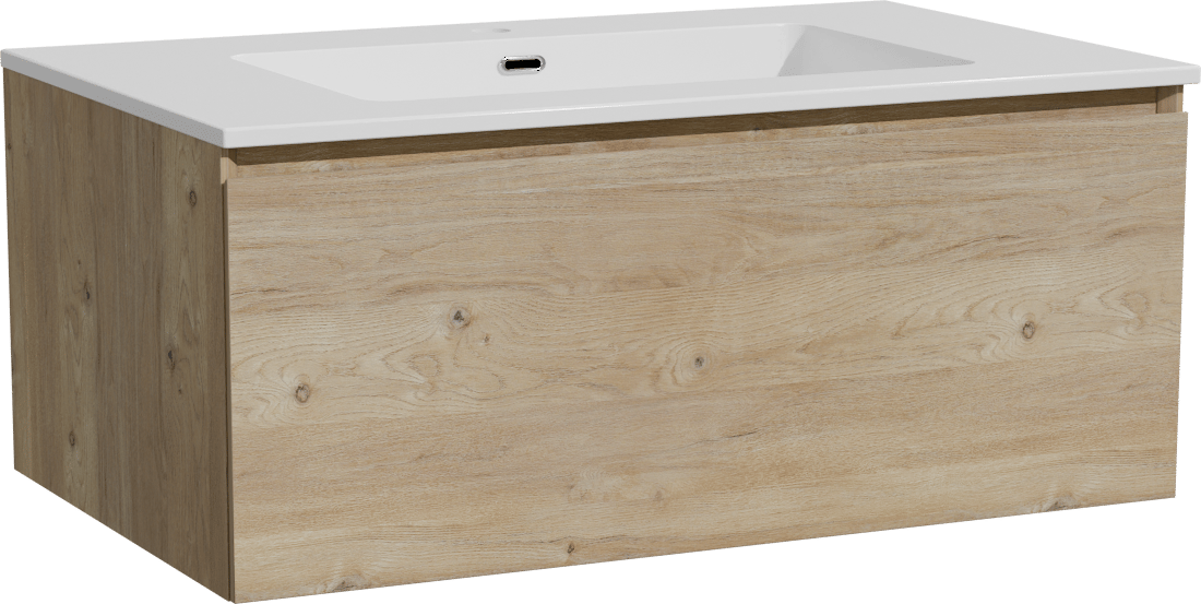 Storke Edge meuble salle de bains suspendu 85 x 52 cm chêne brut avec Diva plan simple en marbre composite blanc brillant