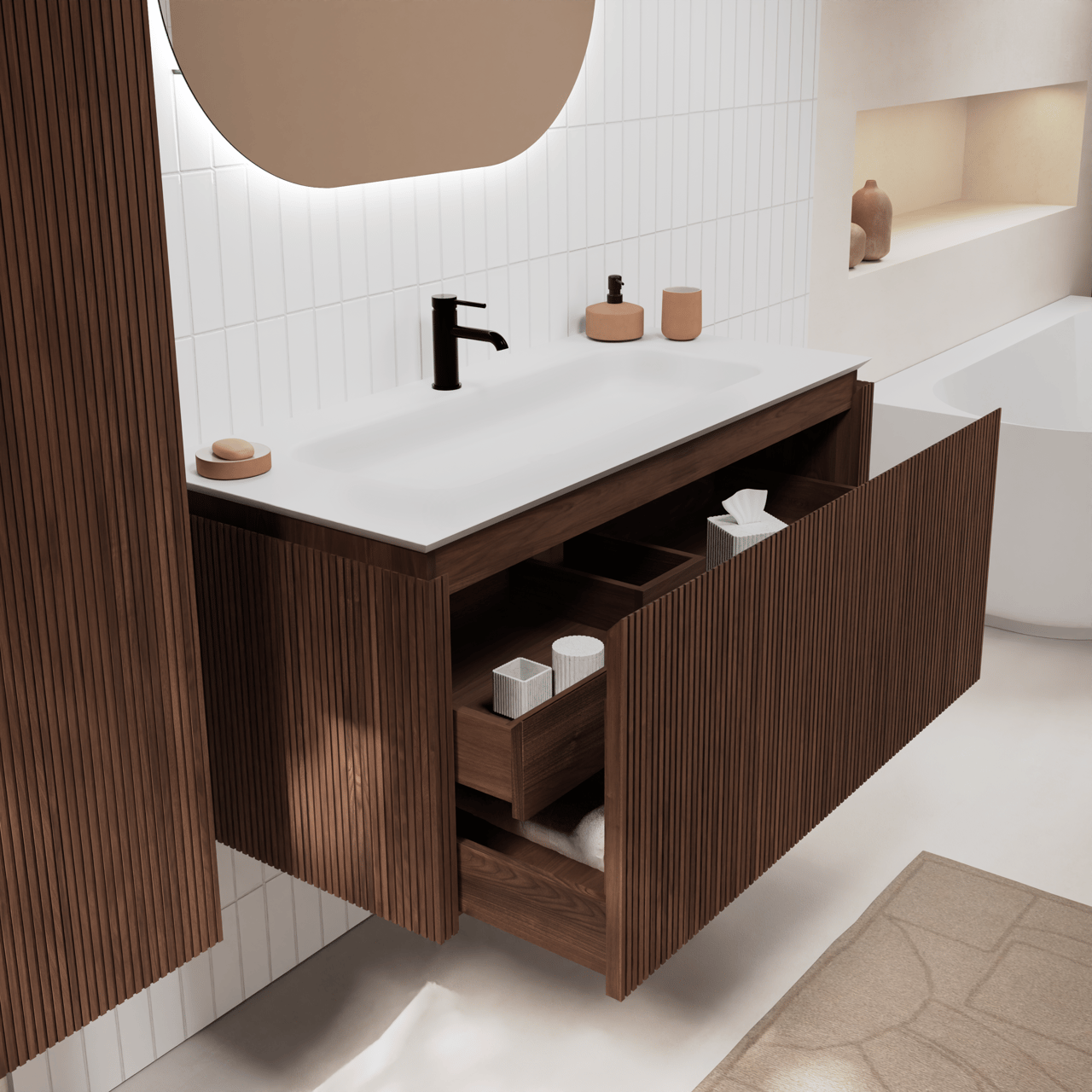 Balmani Eclips meuble salle de bains suspendu 120 x 55 cm Noyer américain avec Eclips plan simple en Solid Surface blanc mat, Nervure droite symétrique verticale