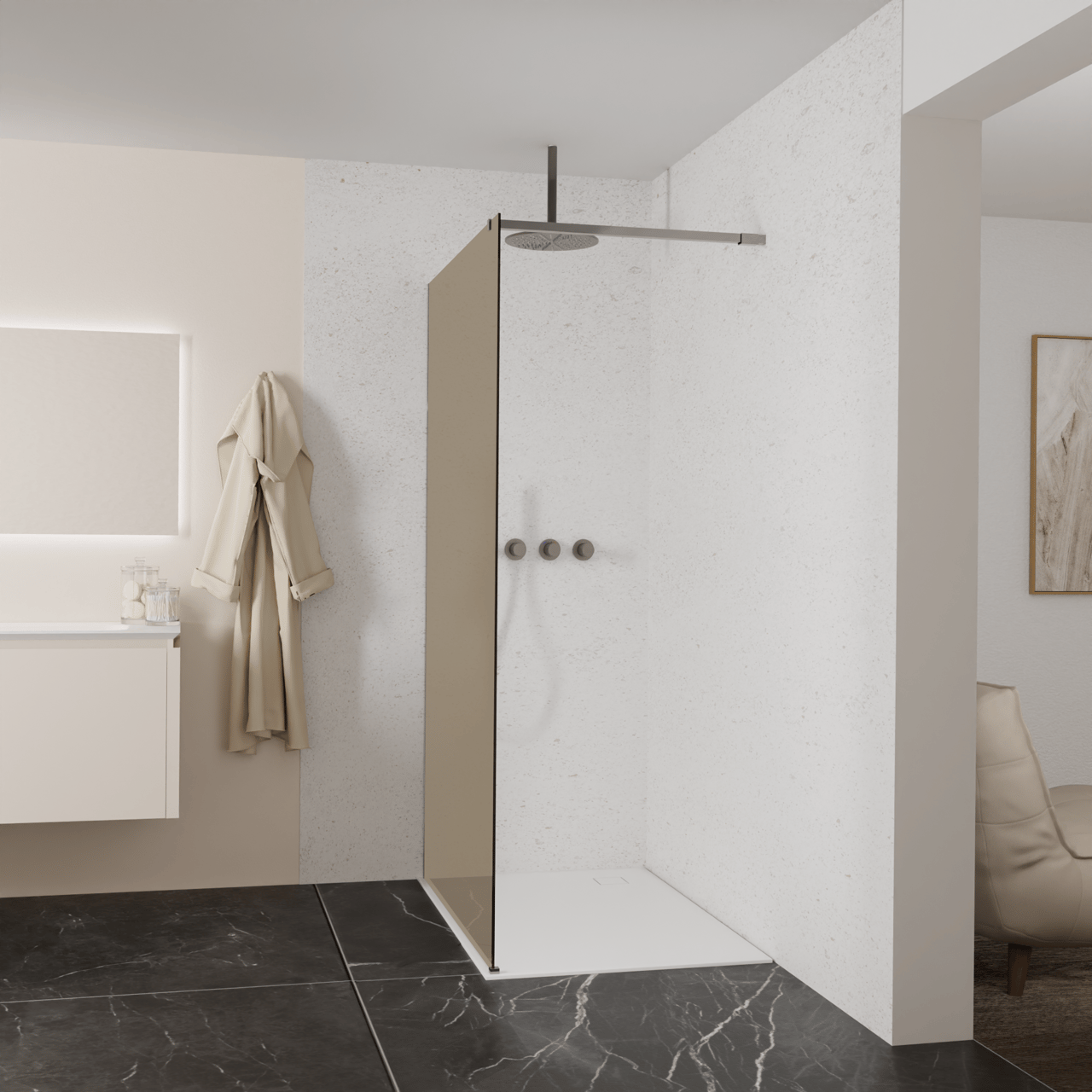 Balmani Modular Walk-In Dusche: 120 x 200 cm, Bronze Glas, inklusive Coating, Profil Brushed GunMetal