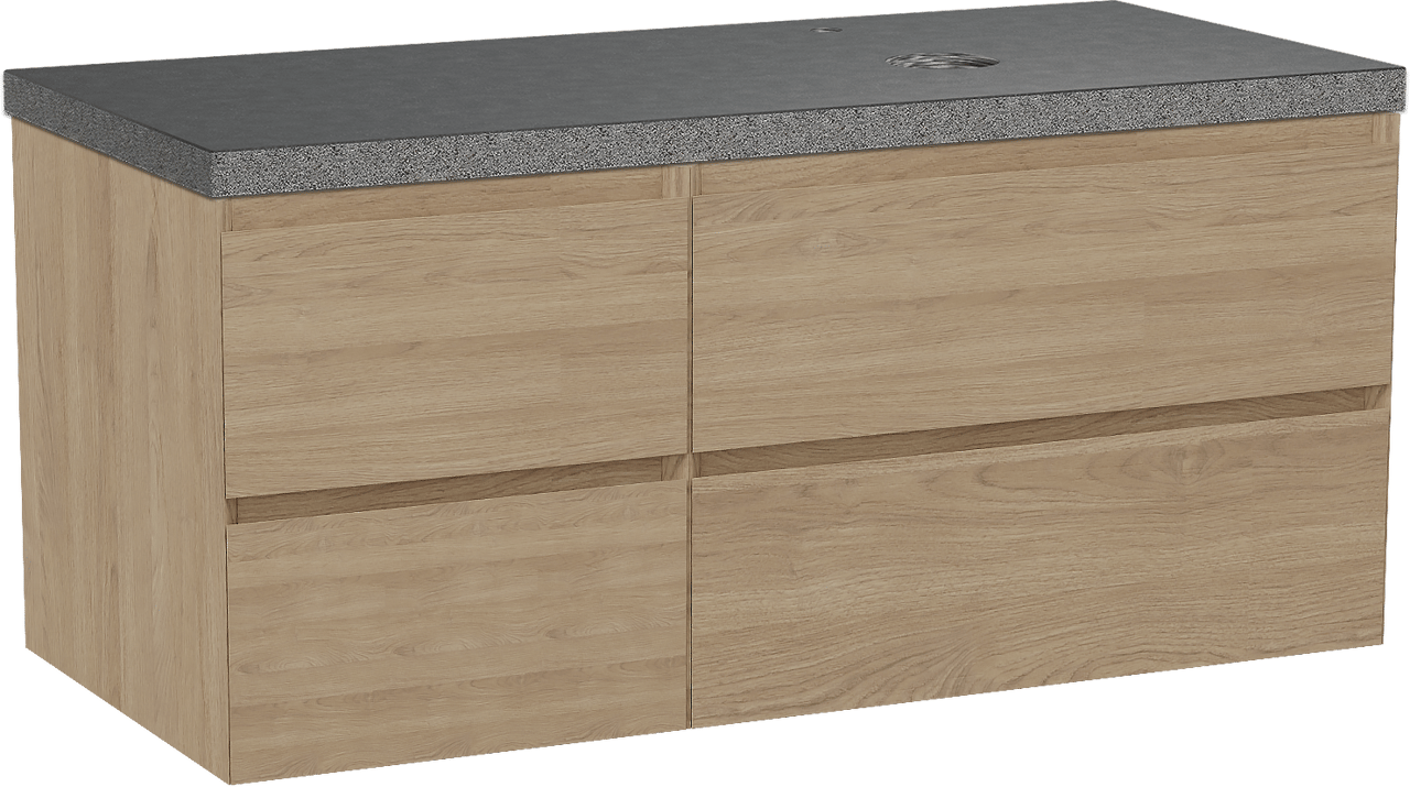 Balmani Mitra hängendes Möbelstück Set: 120 x 55 cm, Naturbelassene Eiche, mit Rock Waschtisch rechts, Schwarzes Granit