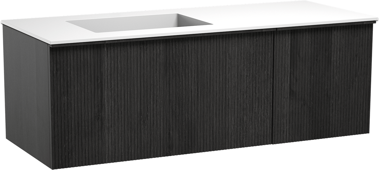 Balmani Forma hängendes Möbelstück Set: 135 x 55 cm, Schwarze Eiche, mit Tablo Stretto Waschtisch links, Solid Surface, Weiß matt, Vertikale symmetrische gerade Rippe