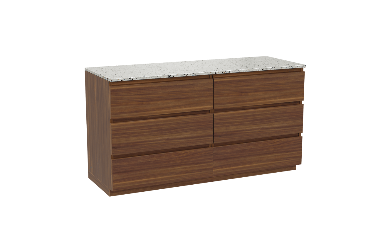 Balmani Lucida meuble salle de bains à poser 150 x 55 cm noyer américain avec Stretto tablette simple ou double en blanc/noir mat terrazzo