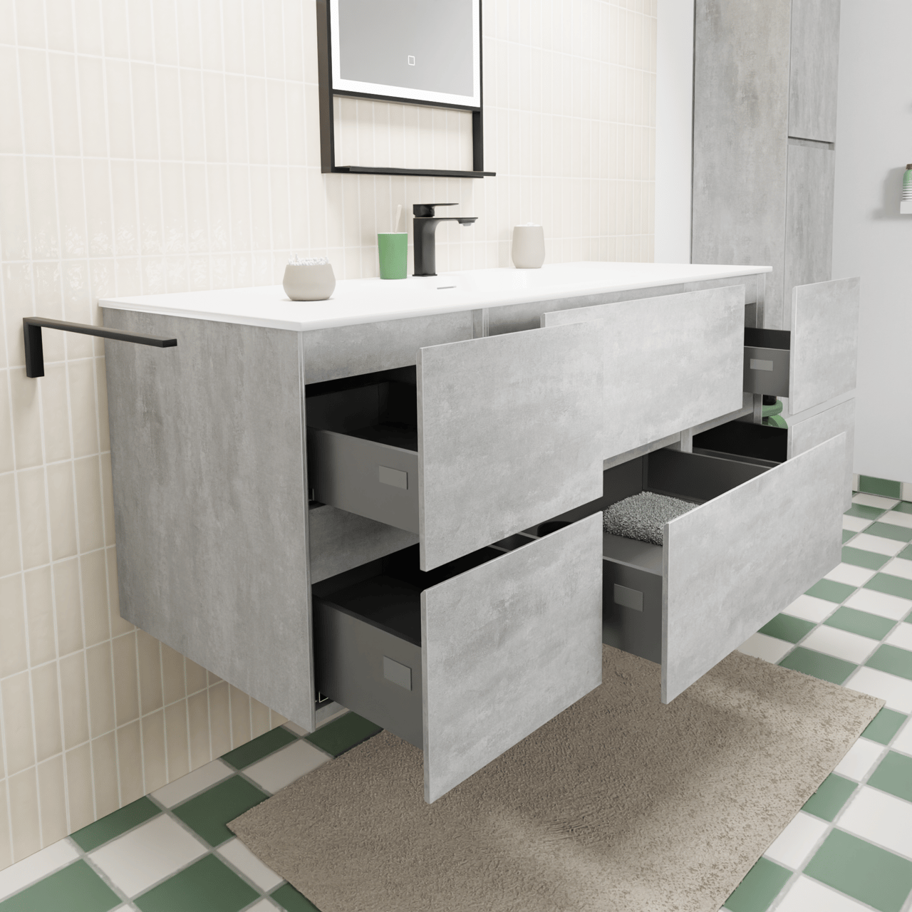 Storke Edge meuble salle de bains suspendu 135 x 52 cm béton gris foncé avec Mata plan simple en solid surface blanc mat