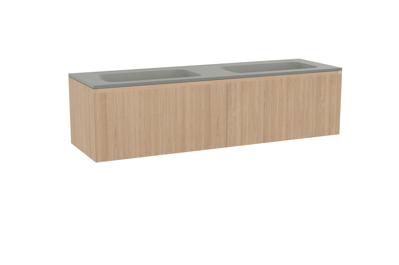 Balmani Fila meuble salle de bains suspendu 180 x 55 cm chêne naturel avec Tablo Strada double vasque en marbre composite soie grise, Nervure droite symétrique verticale