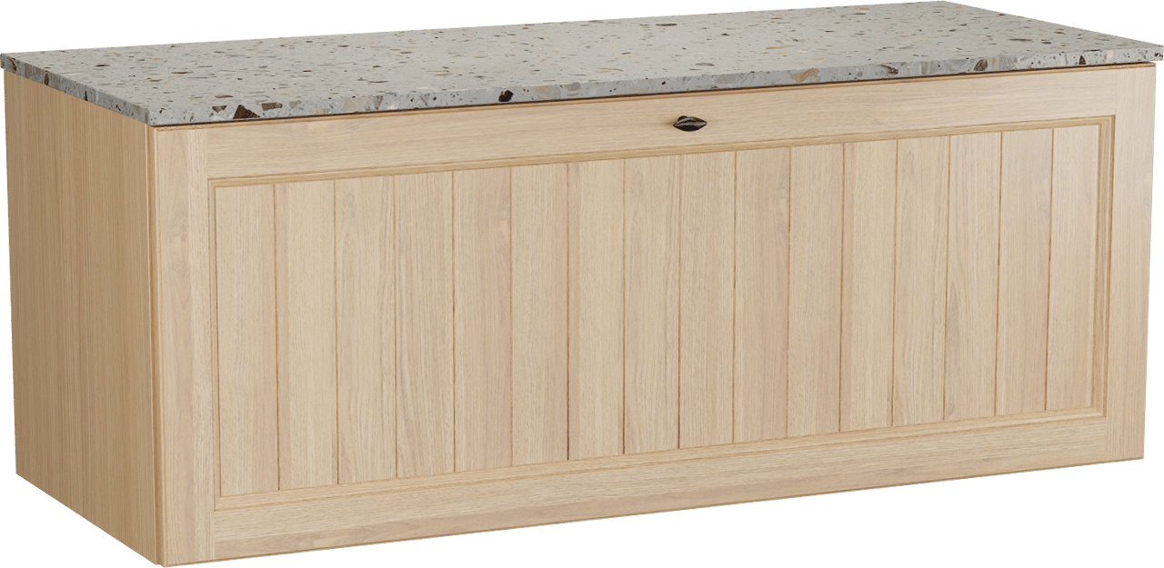 Balmani Lemon zwevend badkamermeubel 135 x 55 cm, fineer natuur eik met Stretto enkel of dubbel tablet in greige terrazzo